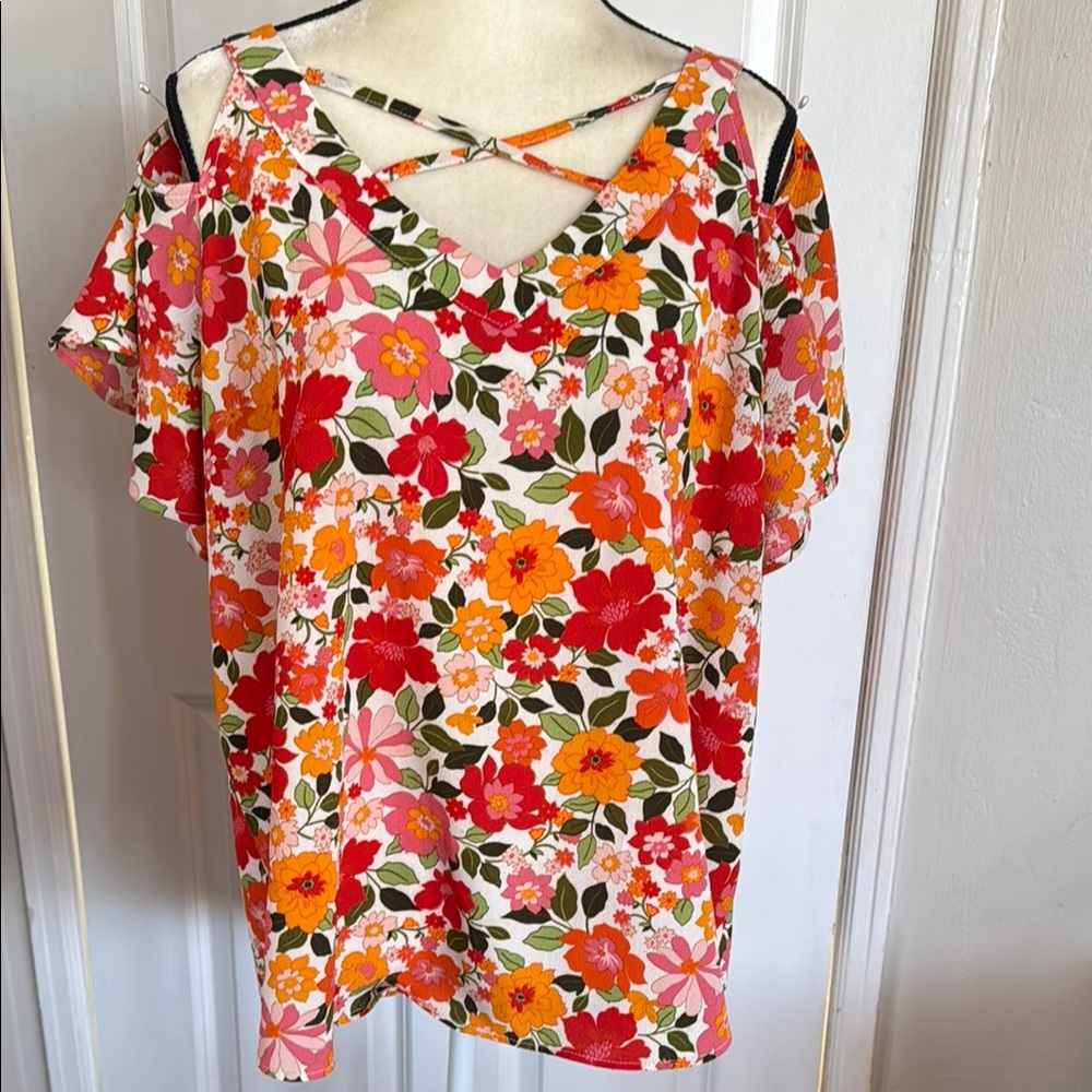 Floral Cold-Shoulder Blouse - Pink & Orange, Size 2XL